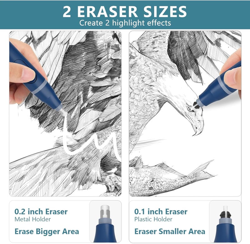 Foyucool Electric Eraser, USB C Rechargeable Pencil Eraser with 220 Eraser Refills, 2 Eraser Sizes, Comfort Grip Art Eraser for Drawing, Ideal for Artists, Students, Sketch, Engineers, Blue - Image 4